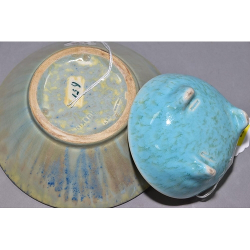 223 - RUSKIN POTTERY two crystalline glaze bowls, the first has a pale blue crackle glaze to the inside bo... 