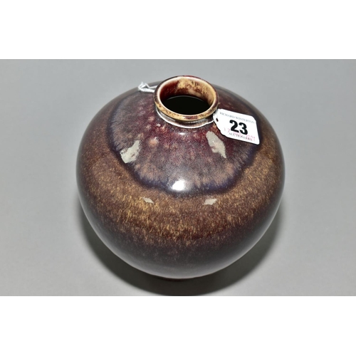 23 - A COBRIDGE STONEWARE HIGH FIRED OVOID VASE, mottled brown glazes, impressed marks, height 16cm