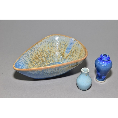 233 - RUSKIN STYLE CERAMICS, comprising a miniature crackle glaze baluster vase in duck egg blue glaze, im... 