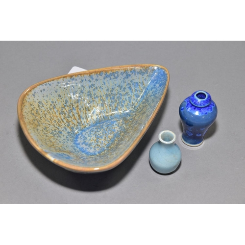 233 - RUSKIN STYLE CERAMICS, comprising a miniature crackle glaze baluster vase in duck egg blue glaze, im... 