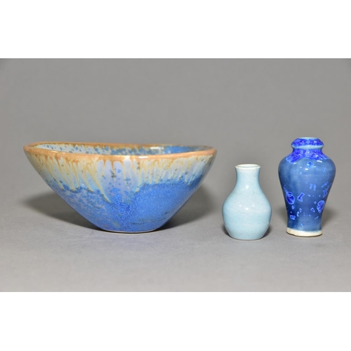 233 - RUSKIN STYLE CERAMICS, comprising a miniature crackle glaze baluster vase in duck egg blue glaze, im... 