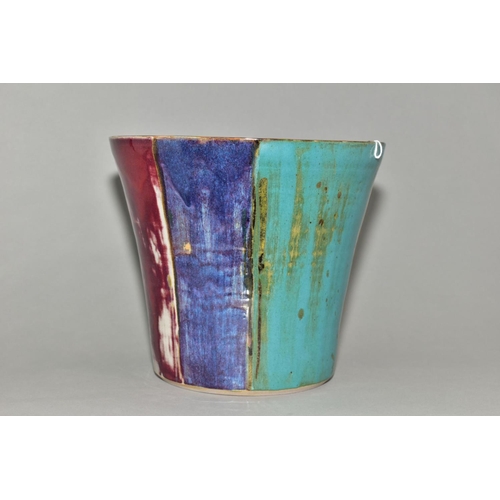 35 - A DARTINGTON POTTERY CONICAL JARDINIERE, decorated with wide vertical bands of turquoise, blue and r... 