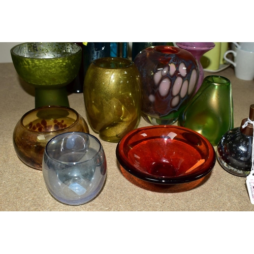 42 - A COLLECTION OF MOSTLY 20TH CENTURY COLOURED GLASSWARE, including a Mdina turquoise cylindrical vase... 