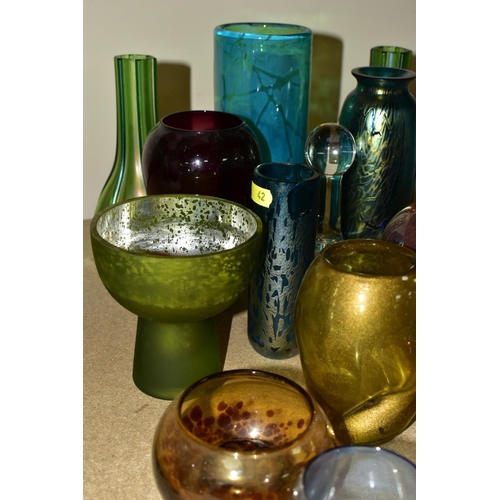 42 - A COLLECTION OF MOSTLY 20TH CENTURY COLOURED GLASSWARE, including a Mdina turquoise cylindrical vase... 