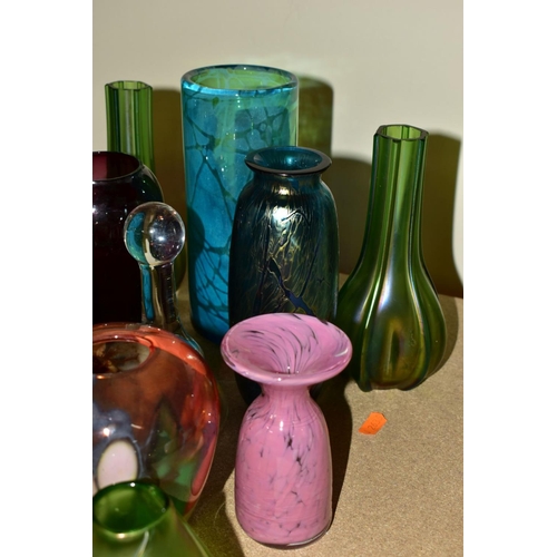 42 - A COLLECTION OF MOSTLY 20TH CENTURY COLOURED GLASSWARE, including a Mdina turquoise cylindrical vase... 