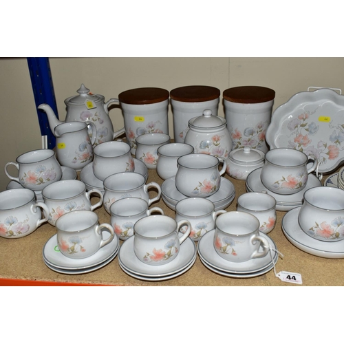 44 - A QUANTITY OF DENBY ENCORE PATTERN TEA, COFFEE AND TABLE WARES, comprising six 6cm cups and saucers,... 