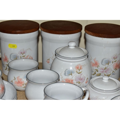 44 - A QUANTITY OF DENBY ENCORE PATTERN TEA, COFFEE AND TABLE WARES, comprising six 6cm cups and saucers,... 