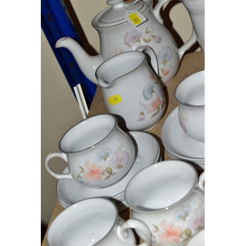 44 - A QUANTITY OF DENBY ENCORE PATTERN TEA, COFFEE AND TABLE WARES, comprising six 6cm cups and saucers,... 