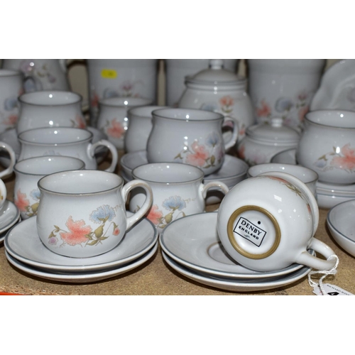 44 - A QUANTITY OF DENBY ENCORE PATTERN TEA, COFFEE AND TABLE WARES, comprising six 6cm cups and saucers,... 