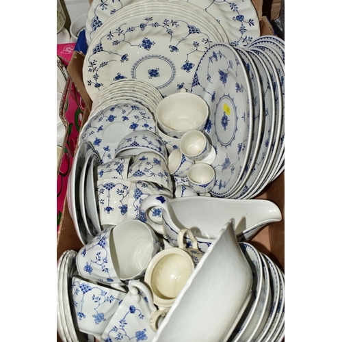 51 - TWO BOXES AND LOOSE OF HORNSEA 'FLEUR' AND ASSORTED BLUE AND WHITE DINNERWARES, the Hornsea to inclu... 