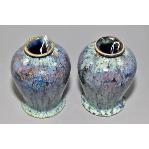 6 - A PAIR OF COBRIDGE STONEWARE HIGH FIRED BALUSTER VASES WITH FLARED FOOTRIMS, mottled and speckled gr... 