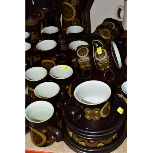 60 - A QUANTITY OF DENBY ARABESQUE PATTERN COFFEE AND TEAWARES AND A SMALL NUMBER OF OVEN TO TABLEWARES, ... 