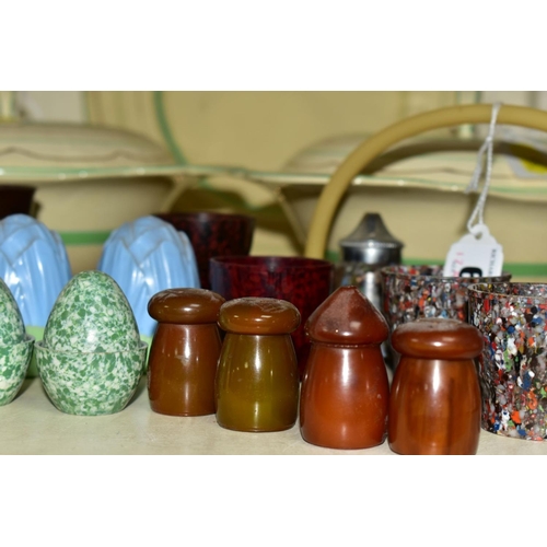 66 - A SMALL COLLECTION OF BAKELITE AND PLASTIC CRUETS, EGG CUPS, etc, a pair of Royal Staffordshire Cera... 