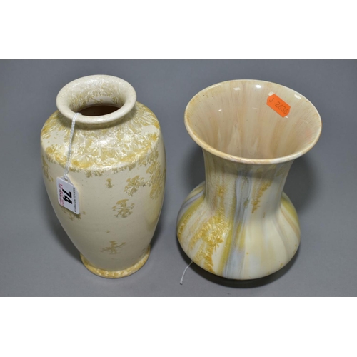 74 - TWO CRYSTALLINE GLAZE POTTERY VASES, the first of baluster form is unmarked, approximate height 21cm... 