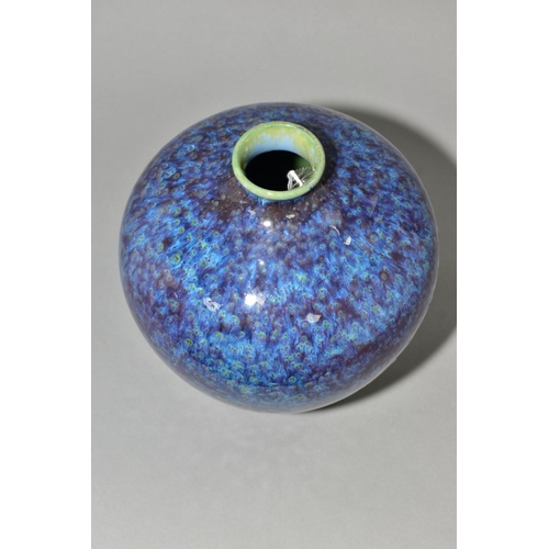 8 - A COBRIDGE STONEWARE HIGH FIRED OVOID VASE, mottled and speckled green blue glaze over a purple/red ... 