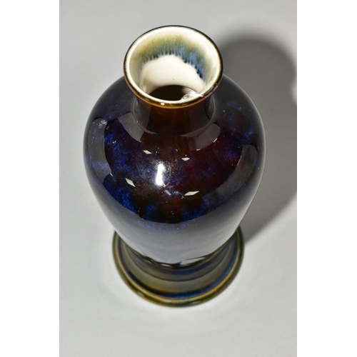 9 - A COBRIDGE STONEWARE HIGH FIRED BALSUTER VASE WITH FLARED FOOT, brown/green ground with mottled blue... 