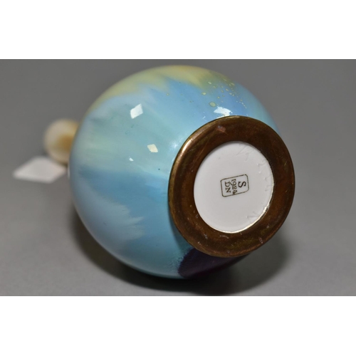 96 - A SEVRES PORCELAIN SOLIFLEUR VASE OF GLOBE AND SHAFT FORM, multi-colour glazes with a blue crystalli... 