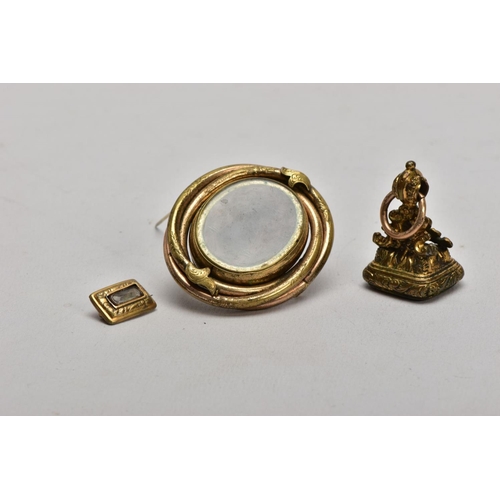 114 - THREE ITEMS OF VICTORIAN JEWELLERY, to include an oval memorial brooch with central double sided swi... 