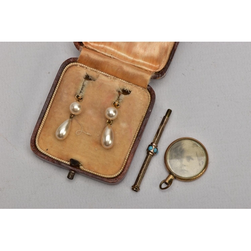 115 - THREE ITEMS, to include a pair of simulated pearl drop earrings, with non pierced screw back fitting... 
