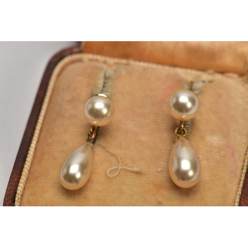 115 - THREE ITEMS, to include a pair of simulated pearl drop earrings, with non pierced screw back fitting... 