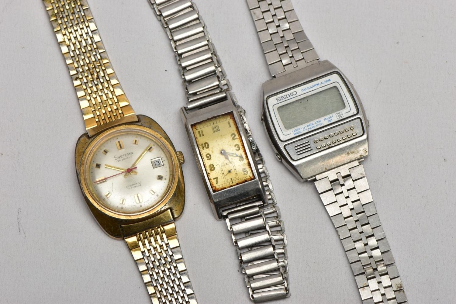 THREE VINTAGE WRISTWATCHES, to include a Seiko digital calculator alarm  watch, a Systema wristwatch