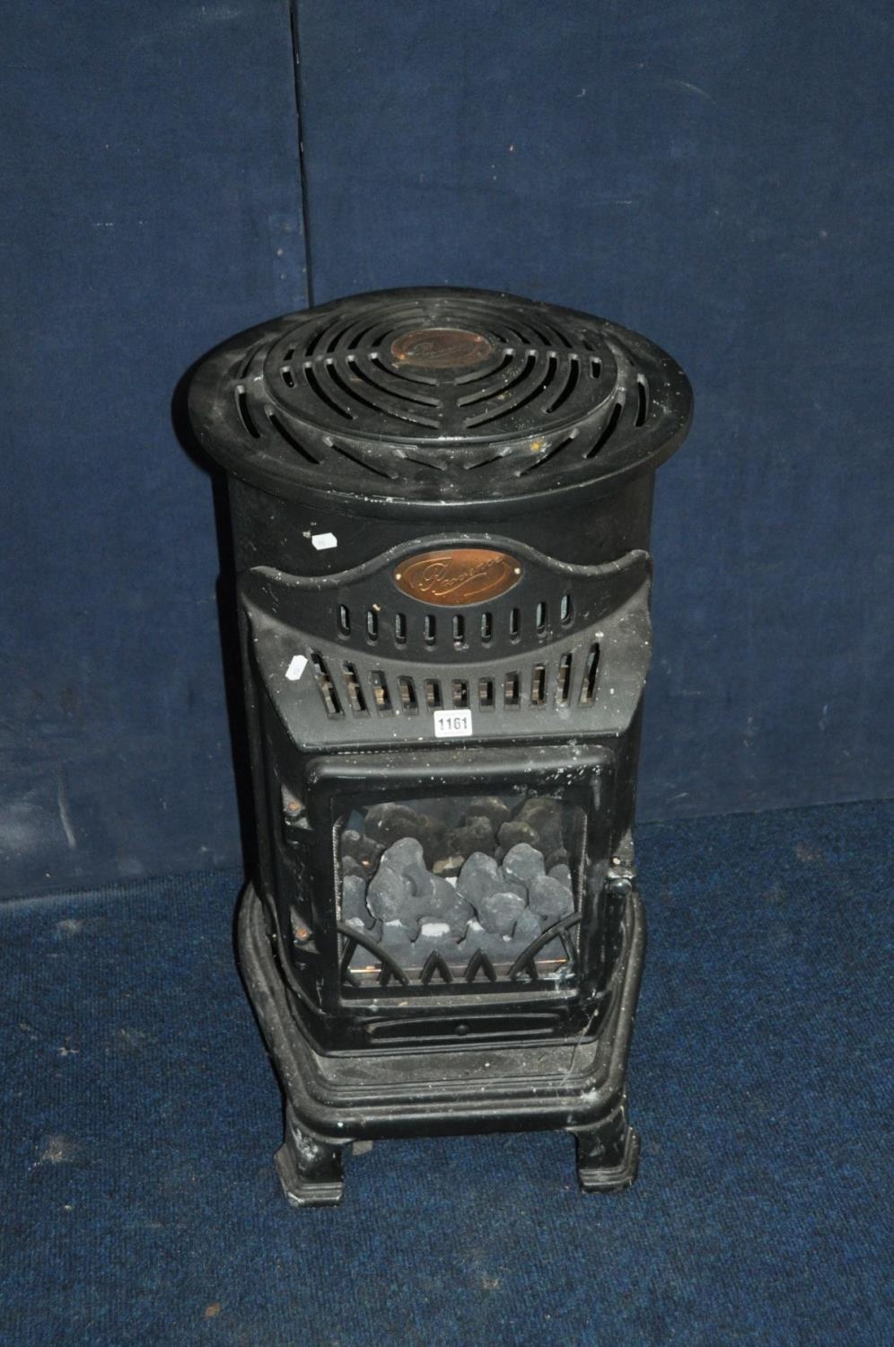 A PROVENCE POT BELLY STOVE EFFECT BOTTLE GAS HEATER, 80cm high (no gas so  untested, wheels not worki