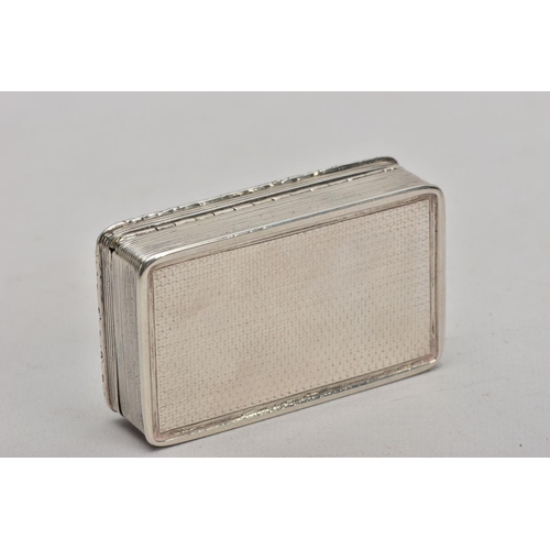 125 - A SILVER TABLE SNUFF BOX, embossed fox hunting scene to the lid, engine turned design to the sides a... 