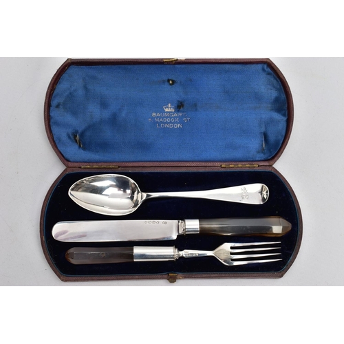 134A - A CASED VICTORIAN SILVER AND AGATE THREE PIECE CHRISTENING SET, the Morocco case with retailers name... 
