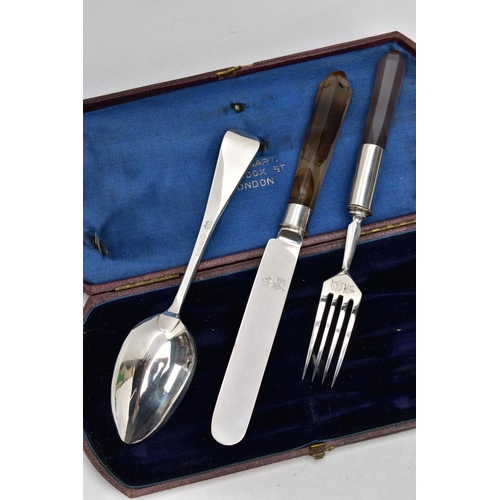 134A - A CASED VICTORIAN SILVER AND AGATE THREE PIECE CHRISTENING SET, the Morocco case with retailers name... 