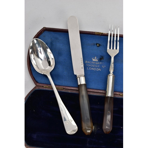 134A - A CASED VICTORIAN SILVER AND AGATE THREE PIECE CHRISTENING SET, the Morocco case with retailers name... 