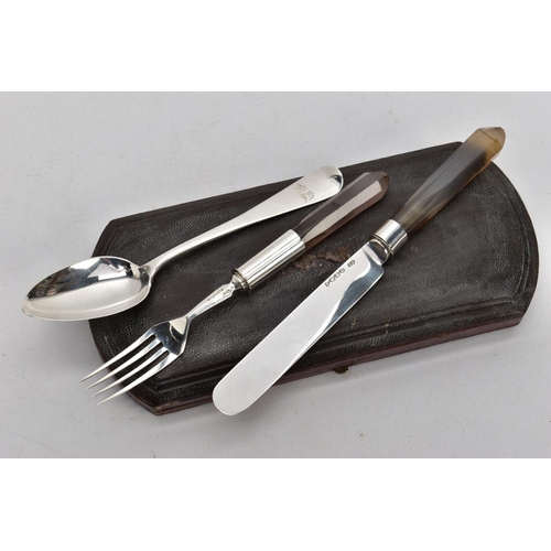 134A - A CASED VICTORIAN SILVER AND AGATE THREE PIECE CHRISTENING SET, the Morocco case with retailers name... 