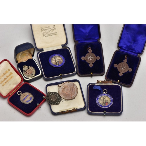 150 - A TRAY OF ASSORTED SILVER AND METAL FOB MEDALS, to include an enamelled brooch medal for the 'Imperi... 