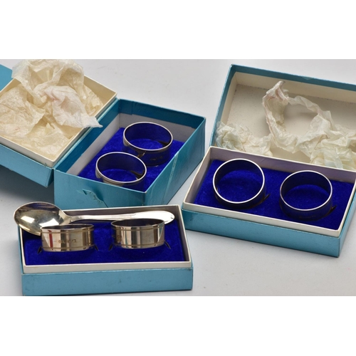 153 - A SINGLE SILVER TEASPOON AND THREE CASED SETS OF NAPKIN RINGS, the teaspoon with a tapered reeded st... 