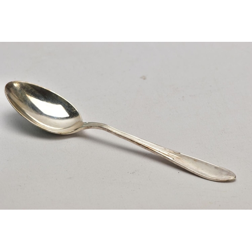 153 - A SINGLE SILVER TEASPOON AND THREE CASED SETS OF NAPKIN RINGS, the teaspoon with a tapered reeded st... 