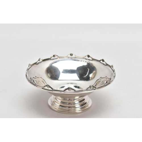 156 - A SILVER MAPPIN & WEBB BONBON DISH, of a circular plain polished form, castellated border, on a circ... 