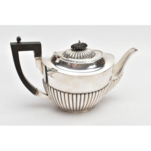 161 - A LATE VICTORIAN SILVER TEAPOT, tapered stop reeding design to the body and spout, ebonised handle a... 