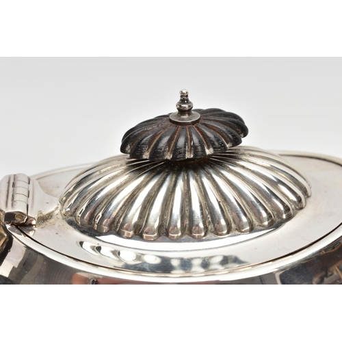 161 - A LATE VICTORIAN SILVER TEAPOT, tapered stop reeding design to the body and spout, ebonised handle a... 