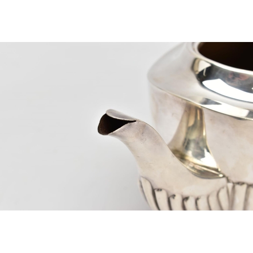 161 - A LATE VICTORIAN SILVER TEAPOT, tapered stop reeding design to the body and spout, ebonised handle a... 
