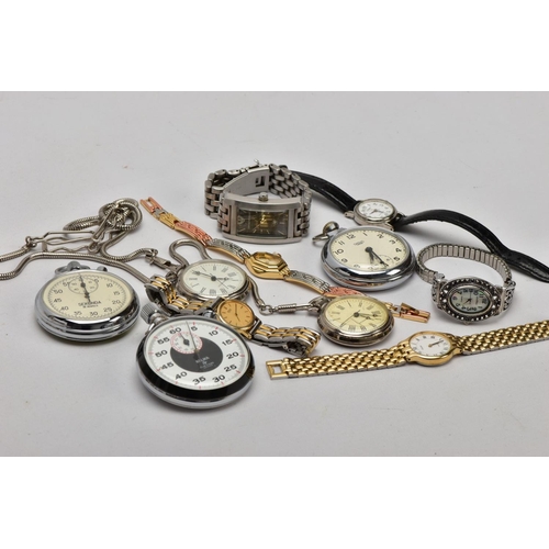 42 - A BAG OF ASSORTED WRISTWATCHES, A POCKET WATCH AND TWO STOP WATCHES, to include five ladies fashion ... 