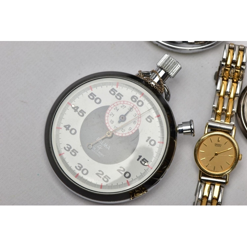 42 - A BAG OF ASSORTED WRISTWATCHES, A POCKET WATCH AND TWO STOP WATCHES, to include five ladies fashion ... 