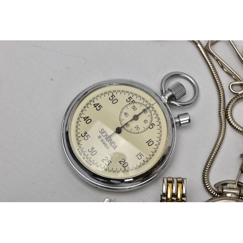 42 - A BAG OF ASSORTED WRISTWATCHES, A POCKET WATCH AND TWO STOP WATCHES, to include five ladies fashion ... 