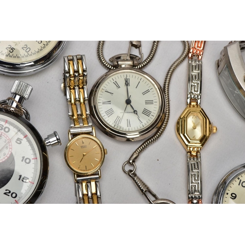 42 - A BAG OF ASSORTED WRISTWATCHES, A POCKET WATCH AND TWO STOP WATCHES, to include five ladies fashion ... 
