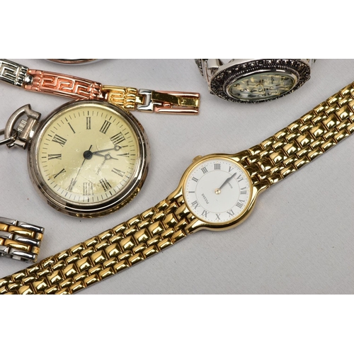 42 - A BAG OF ASSORTED WRISTWATCHES, A POCKET WATCH AND TWO STOP WATCHES, to include five ladies fashion ... 
