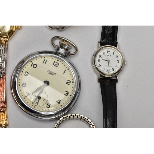 42 - A BAG OF ASSORTED WRISTWATCHES, A POCKET WATCH AND TWO STOP WATCHES, to include five ladies fashion ... 