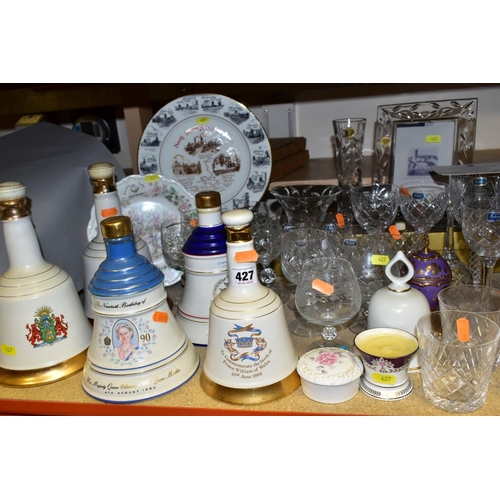 427 - A MIXED GROUP OF CERAMICS AND GLASS, to include five ceramic Bells Whisky decanters (still sealed), ... 