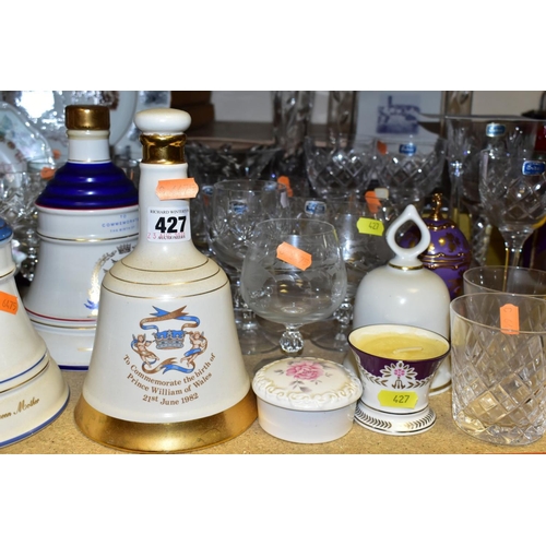 427 - A MIXED GROUP OF CERAMICS AND GLASS, to include five ceramic Bells Whisky decanters (still sealed), ... 