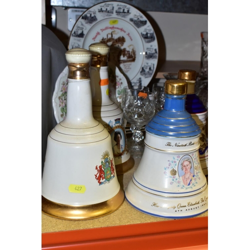 427 - A MIXED GROUP OF CERAMICS AND GLASS, to include five ceramic Bells Whisky decanters (still sealed), ... 