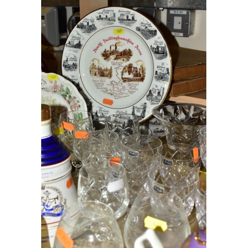 427 - A MIXED GROUP OF CERAMICS AND GLASS, to include five ceramic Bells Whisky decanters (still sealed), ... 