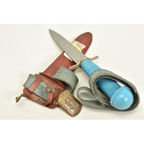 104 - A MARINE DIVERS KNIFE French made, mid 60's-70's era, non serated blade in brown plastic scabbard wi... 