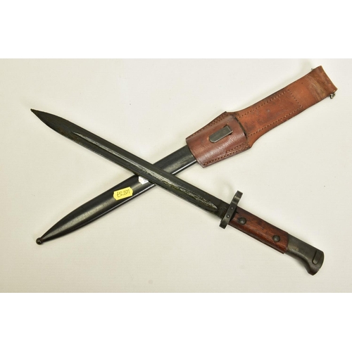 105 - A LATE WWII/POST CZECH MADE RIFLE BAYONET, blade is stamped CSZ-R, E3-46 on scabbard with leather fr... 